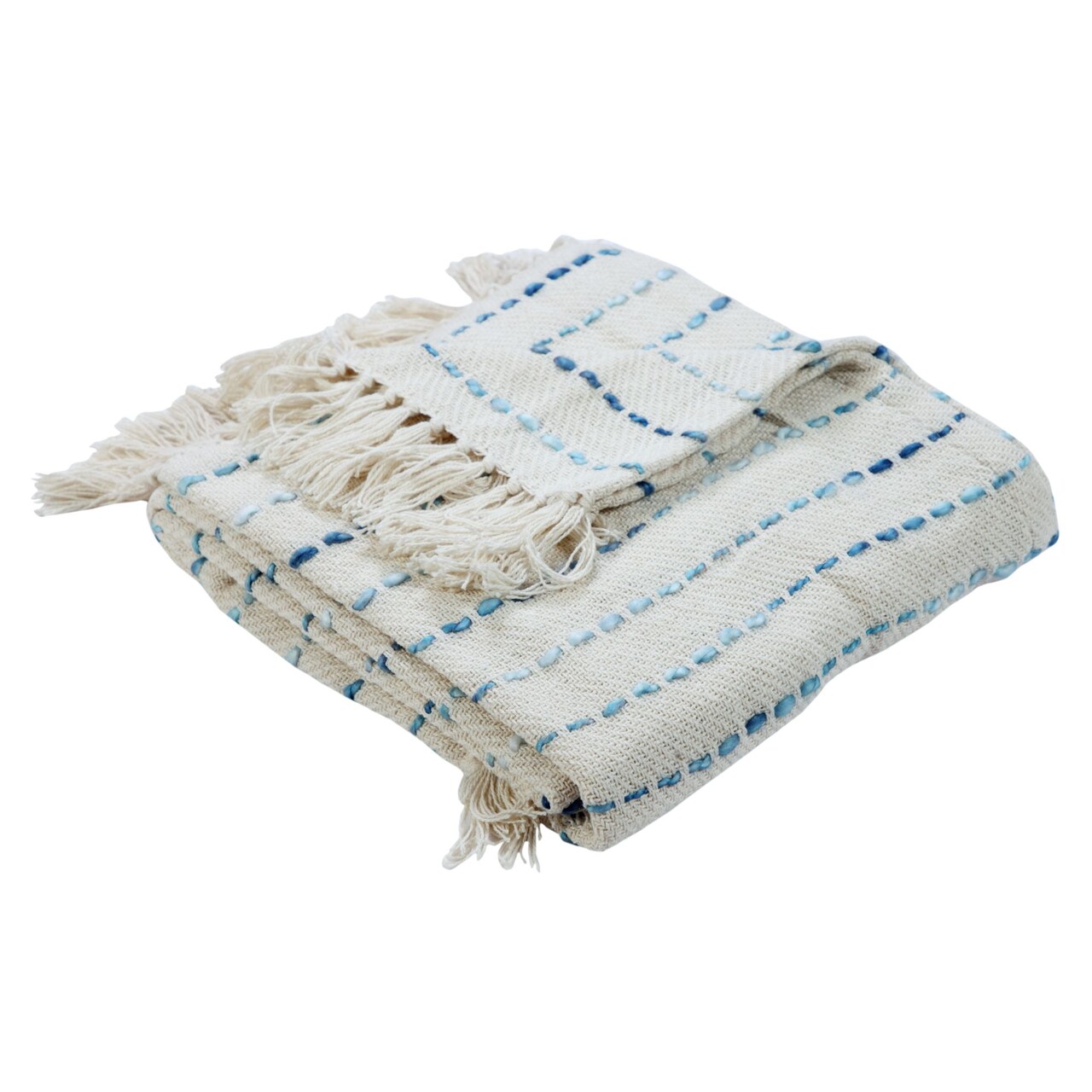 Laddha Home Designs Blue and Beige Shimmer Stripe Hand Woven Throw Blanket with Fringes 50" x 60"
